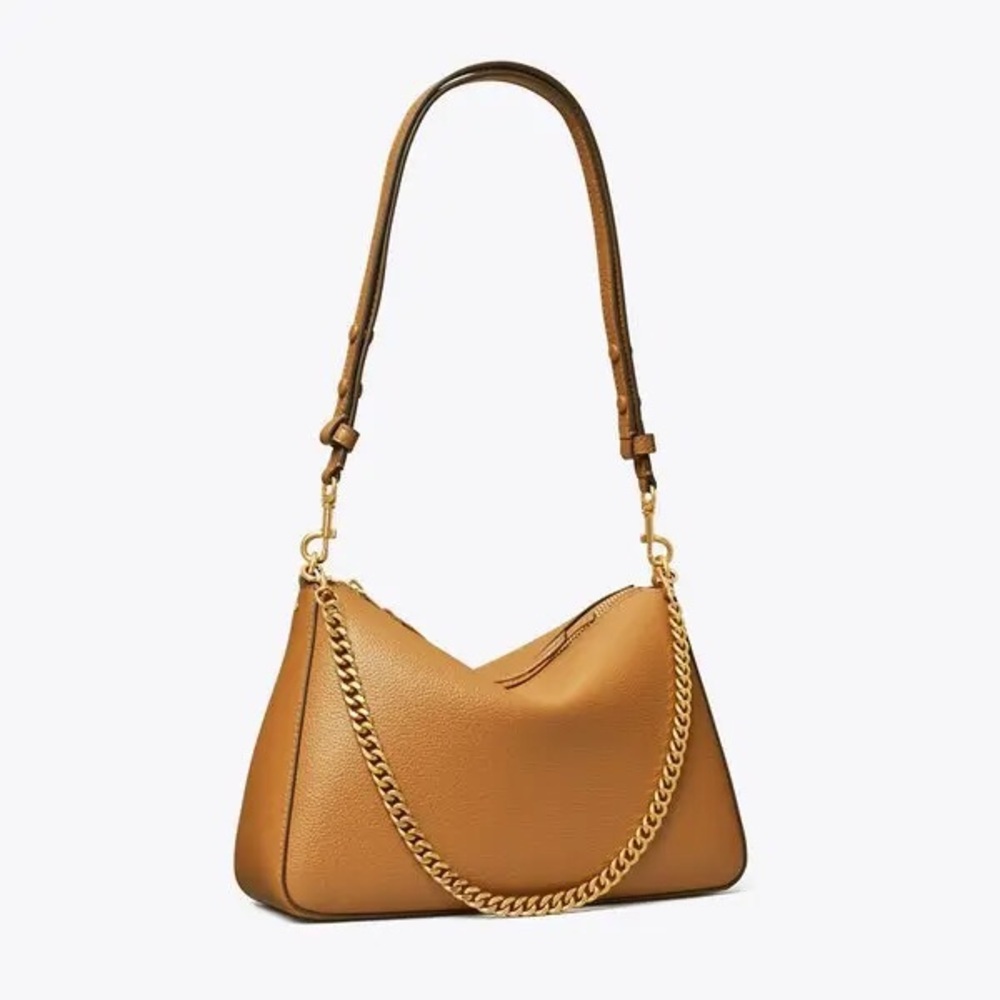 $400 NWT Tory Burch Perry Brown Tan Pebble Leather Gold Chain Strap Shoulder Bag